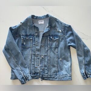 Old Navy Light Blue Oversized Denim Trucker Jacket with Distressed Accents